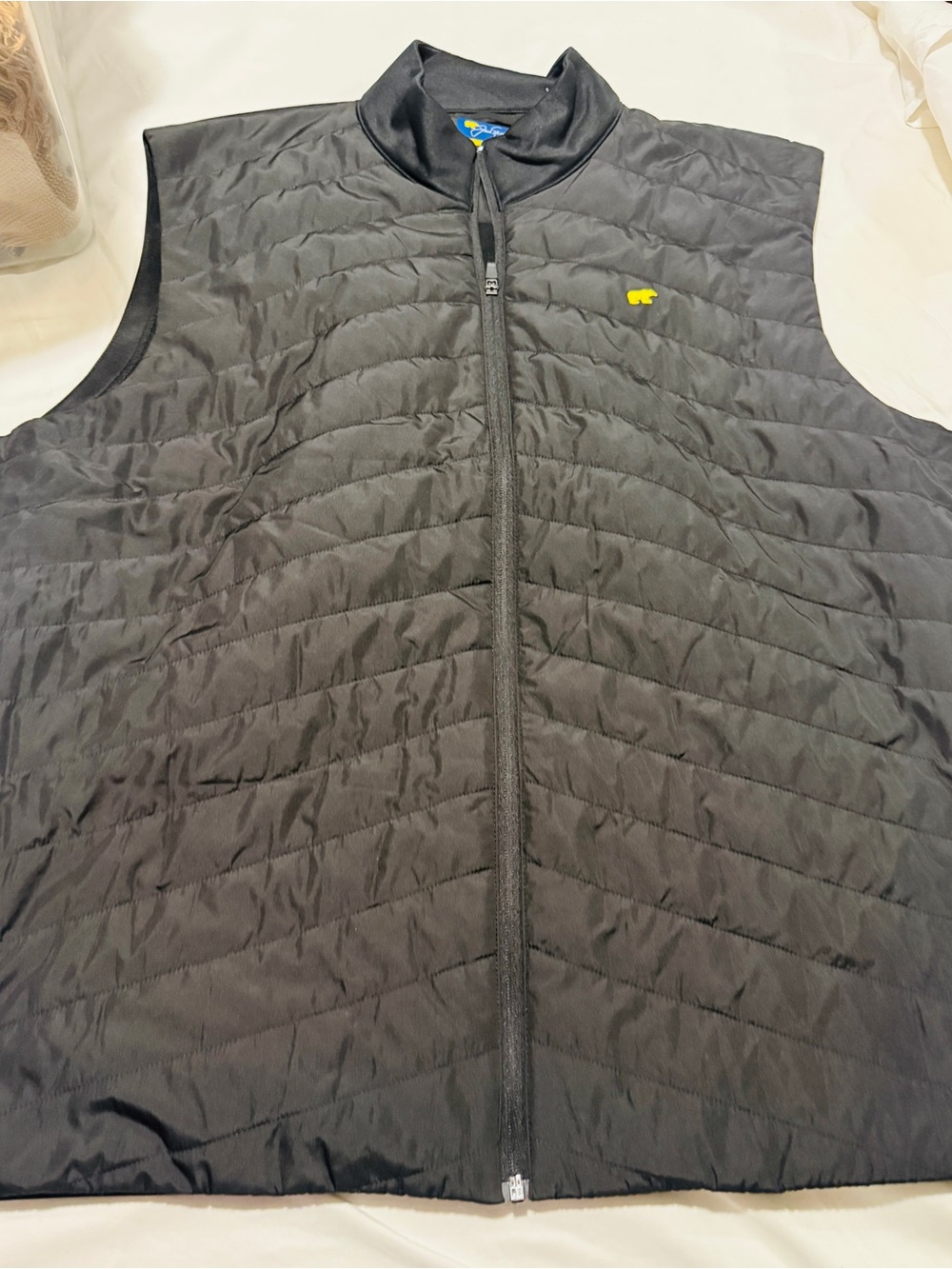 Men's Black Quilted Zip-Up Vest with Contrast Yellow Accent